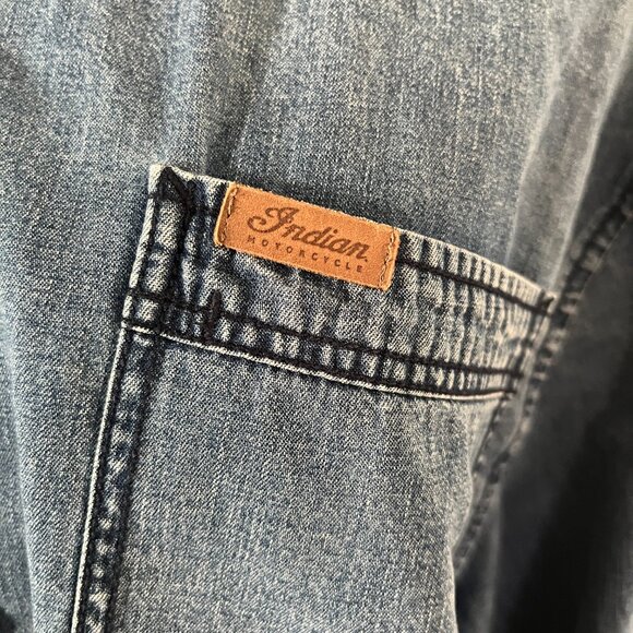 Indian Motorcycles Sz L Chambray denim Logo Printed Button Down Shirt - Picture 3 of 9